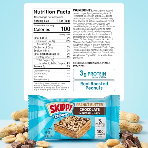 Image of SKIPPY Peanut Butter Wafer Bars Mini | Chocolate Fudge Flavored Coating | Peanut Butter Wafers with Chocolatey Chips & Oats on Top | Sweet & Creamy Dessert Snacks | 0.65 oz (18g) Per Bar, 10-Pack