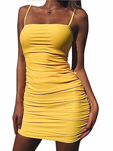 Kaximil Women s Sexy Strap Backless Sleeveless Ruched Mini Bodycon Club Dresses, Small, Yellow