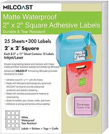 Milcoast Matte Waterproof Tear Resistant Blank White Adhesive 2" x 2" Square Shaped Labels - for Laser/Inkjet Printers - 300 Labels (25 Sheets)