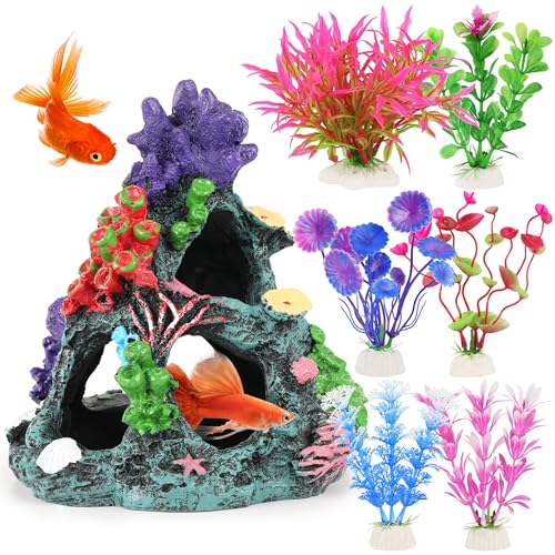 MyLifeUNIT Fish Tank Plants 7 Pieces Colorful Aquarium Plants and Coral Reef Set for Fish Tank Decoration Mountain Cave Ornament for Betta Goldfish to Breed Play and Rest