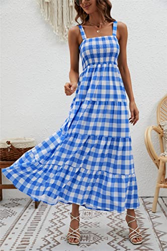 Image of kinstell Women's Summer Boho Spaghetti Strap Square Neck Ruffle Casual Flowy Long Dress Beach Swing Party Maxi Dress