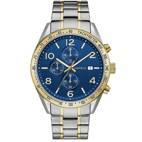 Caravelle by Bulova Men's Sport Chronograph Quartz Two Tone Stainless Steel Watch, Blue Dial, Luminous, 44mm Style: 45B152