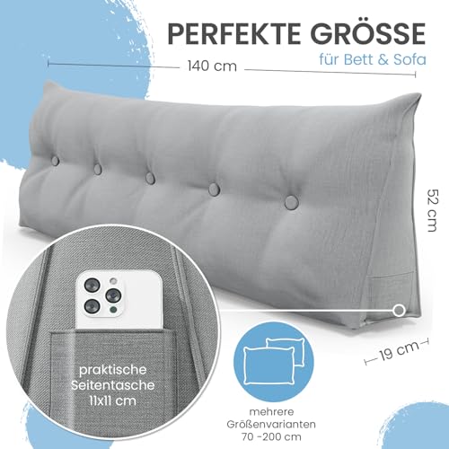 ELONEO Rückenkissen 140 cm breit, Keilkissen für Bett und Sofa geeignet, dreieckiges Lesekissen, Kissen mit abnehmbarem und waschbarem Bezug, mit praktischem Seitenfach