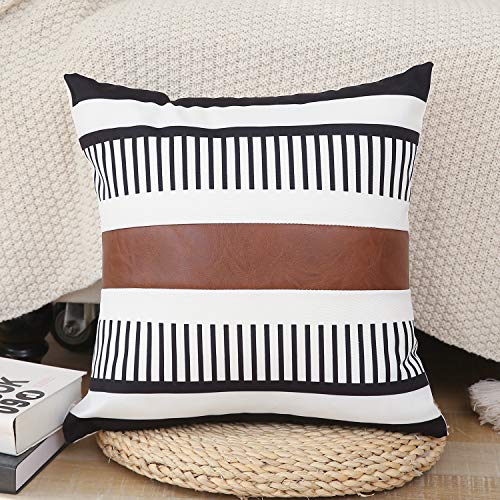 Kiuree Farmhouse Outdoor Pillow Covers for Couch Sofa Boho Decorative Faux Leather Square Cushion Cover Tribal Stripe Accent Pillow Case 18 x 18 Inch(Brown