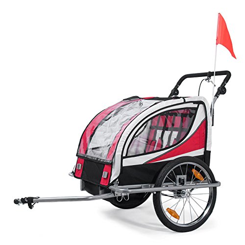 SAMAX 360° zwenkbare Fietskar/Aanhangwagen 2in1 en Buggy Geveerde Transportkar Kinderfietskar voor 2 kinderen - in Rood… - Afbeelding 3