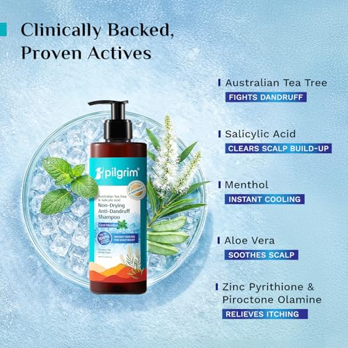Image of Pilgrim Australian Tea Tree & Salicylic Acid Anti-Dandruff Shampoo with Cool Menthol | Up to 100% Dandruff Reduction*| Soothes Itchy Scalp | Non-Drying Formula | All Hair Types | For Men & Women (400ml)