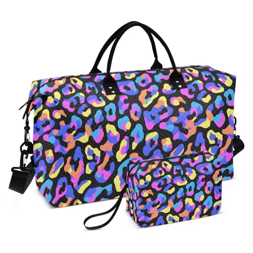 Color Leopard Print Black Large Travel Duffle Bag Weekender Overnight Bags Gym Yoga Bag for Women Men with Toiletry Bag