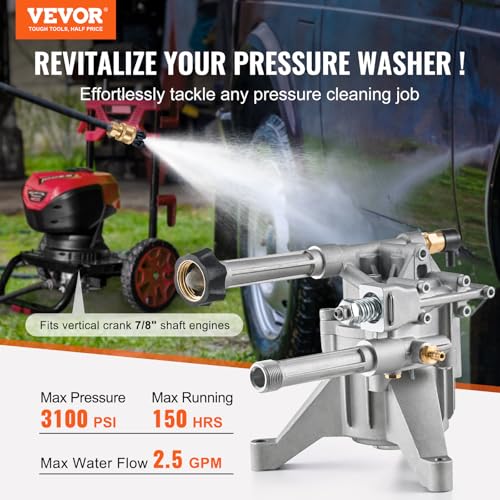 VEVOR Hochdruckreinigerpumpe, 7/8 Zoll Welle vertikal, 3100 PSI, 2,5 GPM, Ersatz-Hochdruckreinigerpumpen-Set mit 5 Düsen, Hardware und Siphonrohr, bis zu 150 Stunden, Hochdruckreiniger Ersatzpumpe
