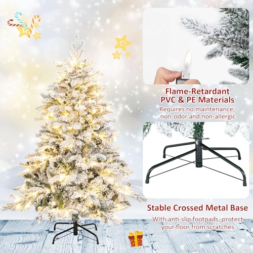 Image of Goplus 4.5ft Pre-Lit Snow Flocked Christmas Tree, Artificial Hinged Xmas Tree with 757 Branch Tips, PE & PVC Mixed Leaves, 120 Warm-White LED Lights, Foldable Metal Base, for Home Office Holiday Decor