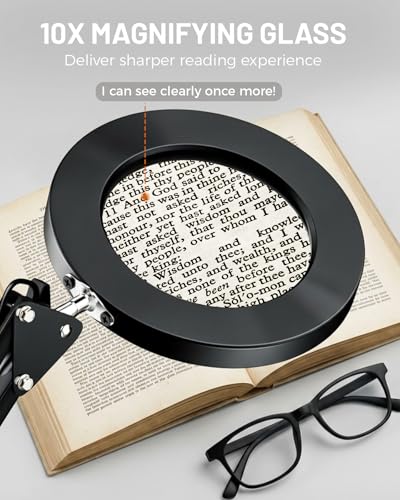 Image of TANYO 10X Magnifying Glass with Light, Real Glass Len Magnifier with Light with 3 Color Mode Dimmable, Dual Swing Arm Hands Free LED Desk Magnifier Lamp for Jewelry Sewing Crafts Embroidery Repair