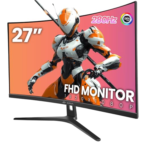 CRUA 27" Curved Gaming Monitor, 280Hz FHD (1920X1080P), 1800R VA Panel, 120% sRGB, Support AMD FreeSync, Low Blue Light, Ultra-Smooth Esports Display, HDMI 1.4 & DP 1.2, Wall Mountable Installs-Black