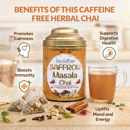 Image of Sancha Tea Boutique, Saffron Masala Chai, Caffeine Free Herbal Tisane, 25 Pyramid Bags, Kesar Chai without Caffeine, Real Kashmir Saffron Blend