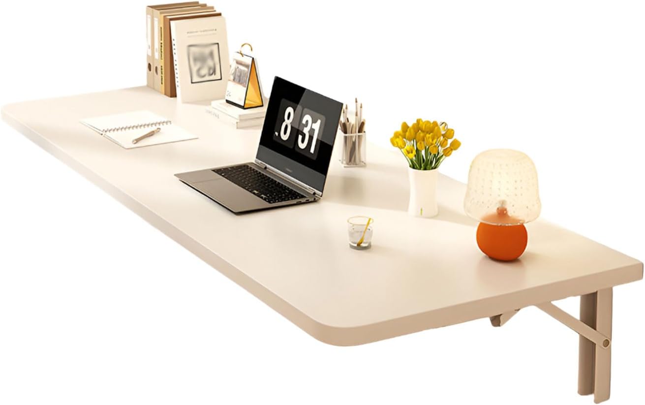 AIZYR Wall Mounted Floating Desk Foldable Work Bench, Wood Floating Wall Desk Shelves for Small Spaces, Kitchen, Living Room, Bedroom,White