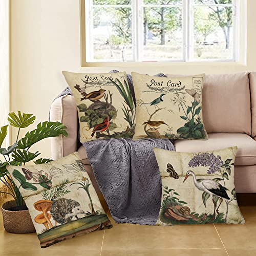 Gulidi Retro Rustic Vintage Animals Throw Pillow Covers Cotton Linen Cute Hedgehog Robin Birds Stork Butterfly Snail Classical Pairs Garden Flowers Decorative Post Card Cushion Cover Set Of 4 20"X20" #TOP2