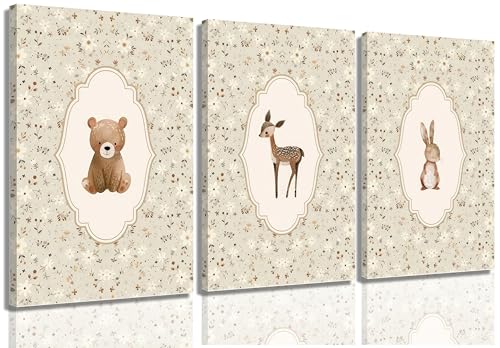 Vintage Woodland Animals Nursery Canvas Wall Art Cute Bunny Bear Deer Picture...