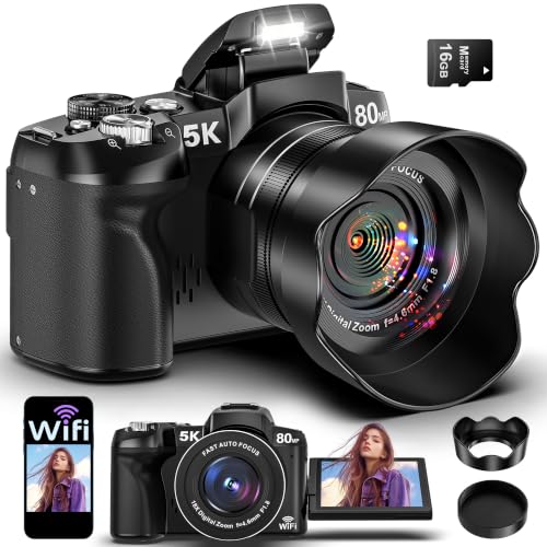 5K Digital Cameras for Photography - 80MP WiFi Vlogging Camera for YouTube with 3 270 Flip Screen - UHD Fast Autofocus Video Camara for Beginner Travel Camaras with 18X Zoom Memory Card Lens Hood