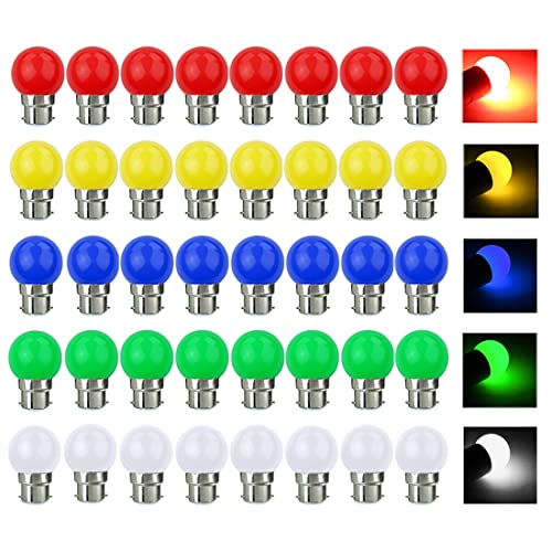 40 Pack Coloured Light Bulb B22 Bayonet LED Bulbs 3W Multi Color Light Bulbs Mood Ambiance Lighting for Home Decoration Party Patio Christmas Effect Lights Red Yellow Blue Green White