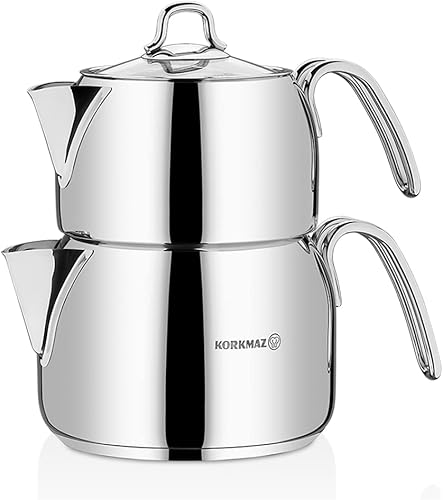 Korkmaz Perla - Juego de tetera doble de acero inoxidable con espejo con asas de metal, hervidor turco Samovar para té de hojas sueltas, cumpleaños,