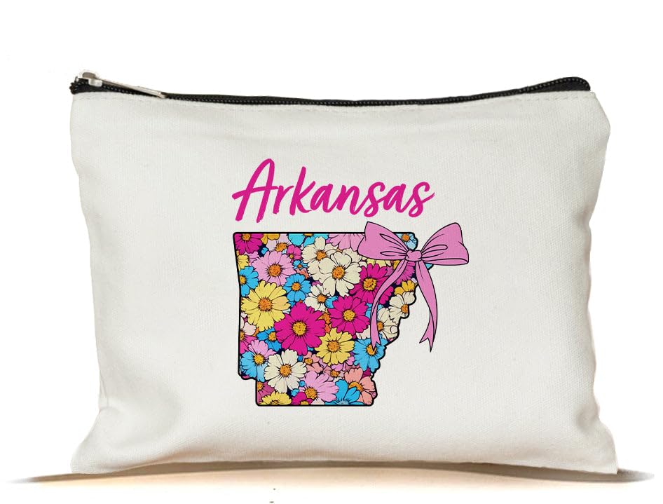 PinPop56 Floral Coquette State Arkansas Makeup Bag - Retro Floral State Travel Zippered Makeup Bag Gift For Women - Friends - Arkansas Lovers On