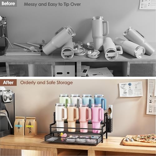 Image of Water Bottle Organizer for Full 40 oz Stanley with Handle, Black | 2 Tier Stanley Cup Organizer, 8 Bottles Capacity, Rustic Countertop Display Shelf, For Coffee Bar, Cabinet, Countertop