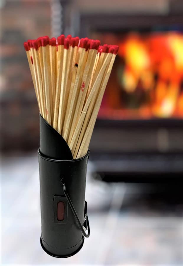 Vintage Decor ® Black Finish Fireside Match Holder Striker Pad Canister with Handle H24cm Complete with 100 Extra Long Matches 28cm Perfect for Open Fires, boilers, Stoves-image-17