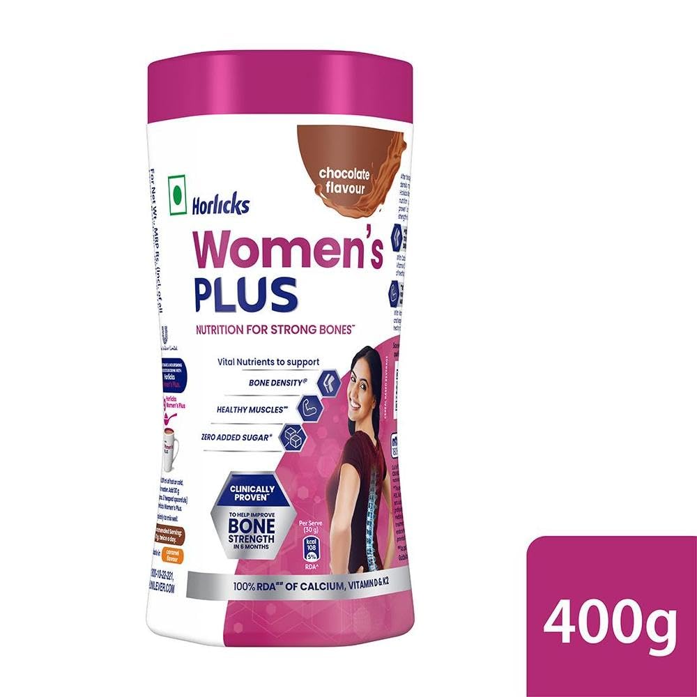 Horlicks Women's Plus Chocolate Nutrition Drink 400 g Jar, Nutrition for strong Bones with 100% daily Calcium & Vitamin D - No Added Sugar — Amazon image 3