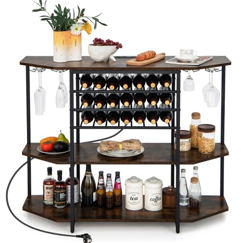 GIANTEX Aparador con Botellero para 21 Botellas, Estantería de 3 Niveles con Portavasos, Mueble Auxiliar con 2 Puertos USB y 2 Enchufes, 120 x 40 x 92 cm, para Bar, Comedor (Marrón)