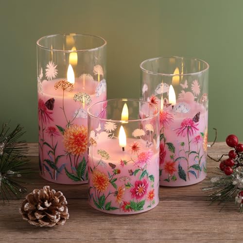 Image of Pink Floral Glass Flameless Pillar Candles with Remote, Flickering Spring LED Battery Candles Home Decor Set of 3