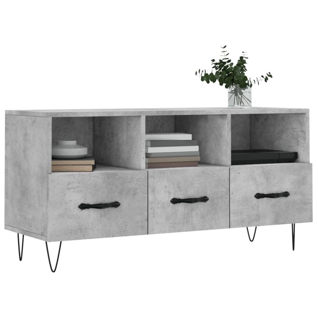 le Konsola TV z Ders, szary cement h, 102 x 36 x 50 cm, wielowarstwowe drewno i żelazo, eleganckie futro do salonu, nowoczesny stojak na telewizor, szafka Sto na akcesoria telewizyjne