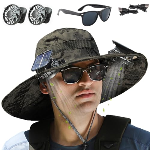 Image of Fishing Hats with Sunglasses, Wide Brim Sun Hat with 2 Solar Fan, USB & Solar Powered Fishing Hats, Solar Fan Hats UPF 50+