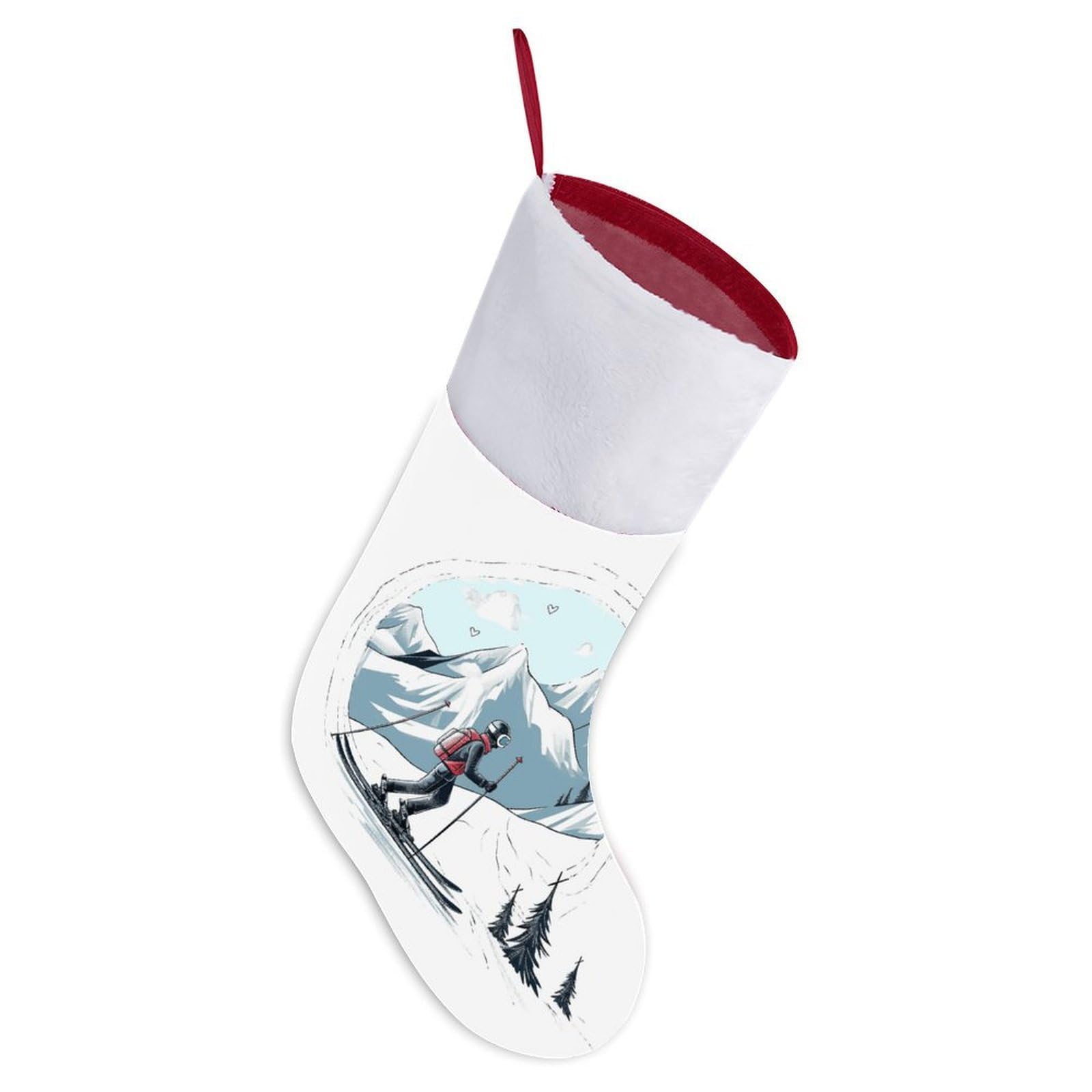 Skiing Theme Christmas Stocking, 16.5 Inch Festive Themed Socks Personalized Hanging Stockings Large Super Soft Xmas Stocking for Xmas Tree Mantel Party Decor