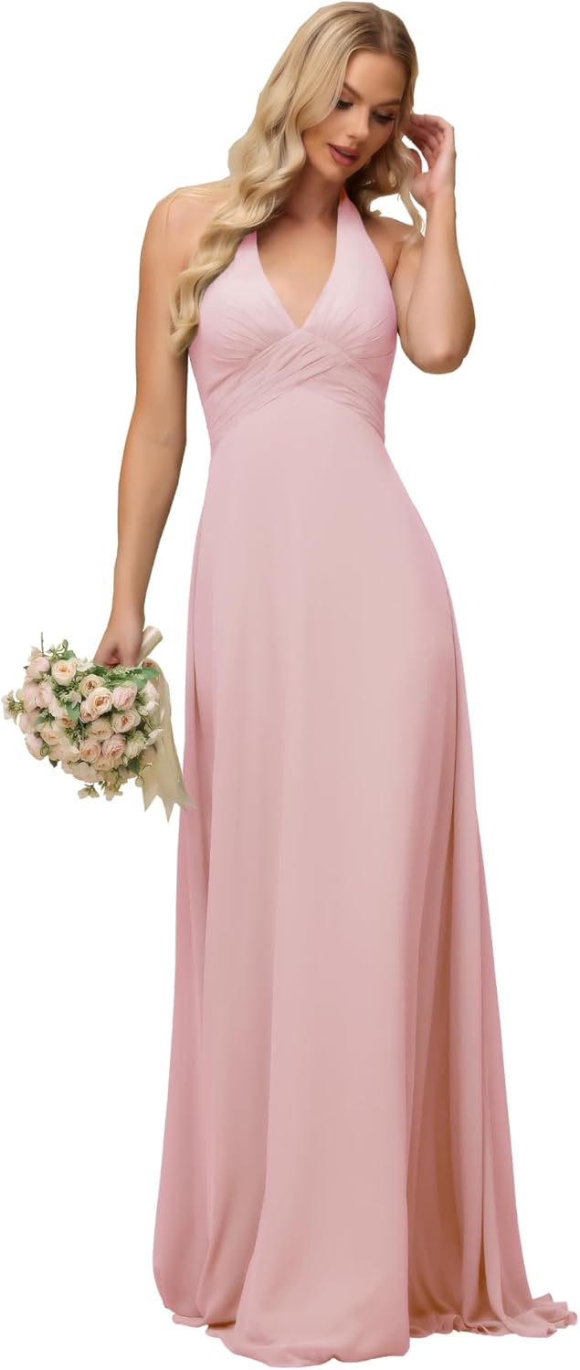 Sevintage Bridesmaid Dresses for Women 2025 Long Halter Chiffon Pleated A-Line Formal Party Gowns
