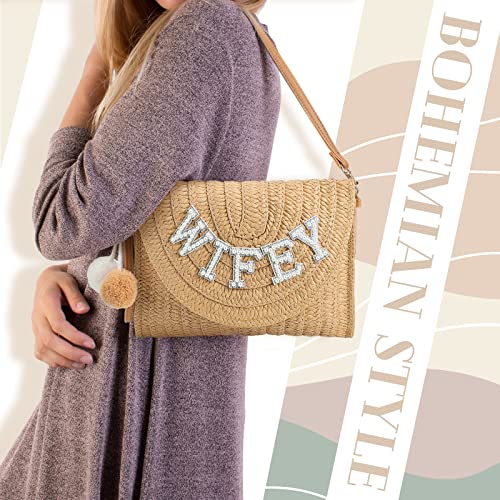 Pinkunn Bride Gift Straw Shoulder Bag Clutch Rhinestone Letter Purse Beach Bachelorette Honeymoon Wedding Bridal Shower3