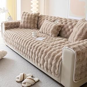 Faux Fur Couch Covers for Sofa, Plush Warm Sectional Sofa Covers Washable for 3-4 Cushion Couch,Non-slip Slipcover Sofa Covers for Pet Dog Furniture Protector(1PC,Khaki,35″x83″)