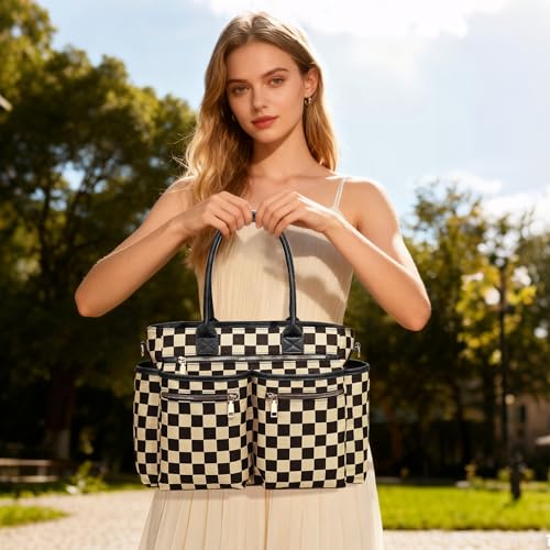Bolso tote grande a cuadros para mujer con cremallera miniatura 3