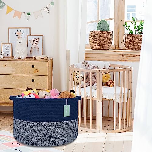 Image of Large Cotton Rope Blanket Basket, 87L Laundry Hamper, Navy Blue | Collapsible Woven Nursery Hamper, Sturdy Handles for Clothes Toys Towels, Ideal for Living Room Bedroom Bathroom
