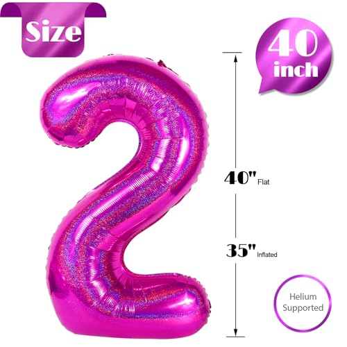 Image of Laser Hot Pink 2 Balloon, Number Balloons 40 Inch, 2nd Balloon Number Birthday Decorations, Second Two Birthday Party Supplies, Number 2 Balloon