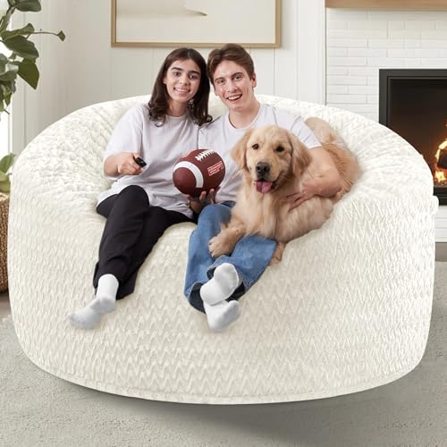 Image of HABUTWAY 5FT Bean Bag Chair,Giant Bean Bag Chairs for Adults,Big Bean Bags with Memory Foam Filled, Large Beanbag Chairs with Chevron Plush Cover-White
