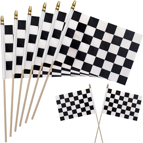 WEITBF 12 Pack 812 Inch Black and White Checkered Racing Flags Small Race Car Flags on Stick Mini Handheld Flag Outdoor Decorations