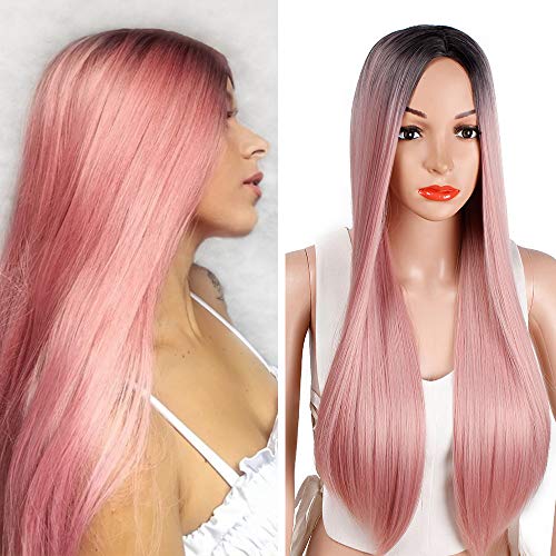 AISI HAIR Pink Long Wig Synthetic Straight Ombre Wigs for Women Middle Part Dark Root Natural Looking Hair 2 Tone Heat Resistant Fiber Wig