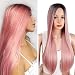 AISI HAIR Pink Long Wig Synthetic Straight Ombre Wigs for Women Middle Part Dark Root Natural Looking Hair 2 Tone Heat Resistant Fiber Wig