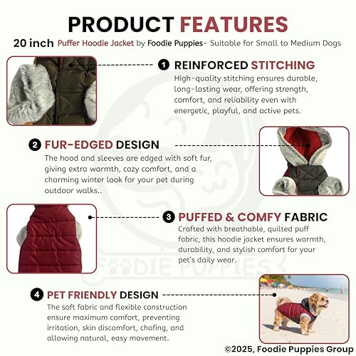 Image of Foodie Puppies Dog Puffer Hoodie Warm Winter Jacket - (Maroon Grey, 20 Inch) for Small to Medium Dogs | Ultra Warm Waterproof & Windproof Fur Coat | Washable Pet Vest Apparel for Cold Weather