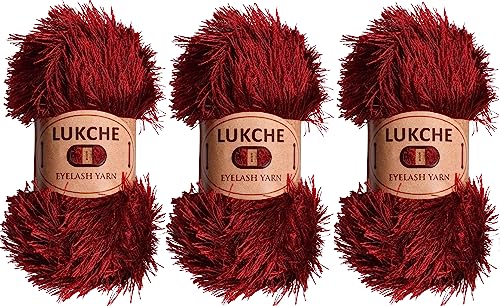 Image of Eyelash Fun Fur Yarn Premium 100% Polyester 164 Yds (150 Mt), 3.53 Oz (100 Gr) Colorful Crochet Yarn Dıy Hand Knitting (Burgundy, 3 Skein)
