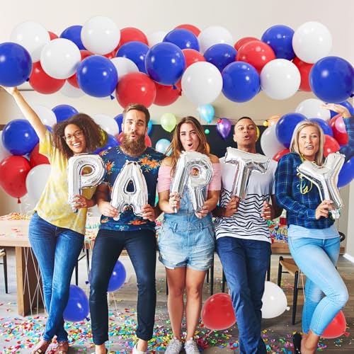 Image of 100pcs Red White and Blue Balloons, 12 inch Independence Day Patriotic Balloons for 4th of July Graduation Baseball Birthday Party Decorations