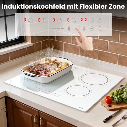 Induktionskochfeld 60 cm, 4 Platten Einbau Kochfeld induktion Autark Induktionsherd mit Stecker Induktionsfeld mit Flexzone 9 Leistungsstufen, 3400W, Timer