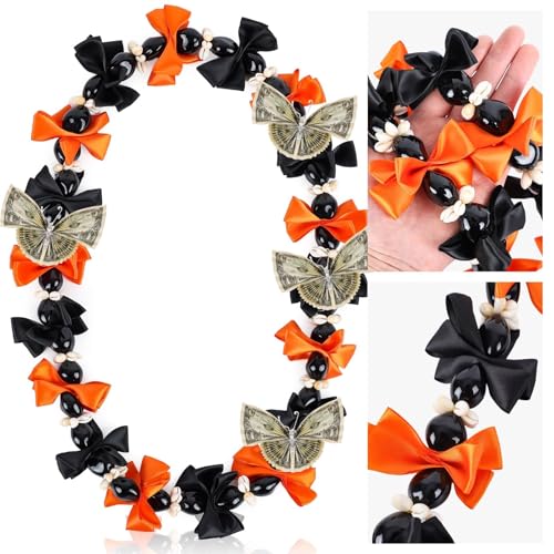 36inch Black Orange Graduation Kukui Nut Leis Grad Ribbon Beads Necklace Class of 2026 Graduation Gifts for High School Seniors College Party Accessories