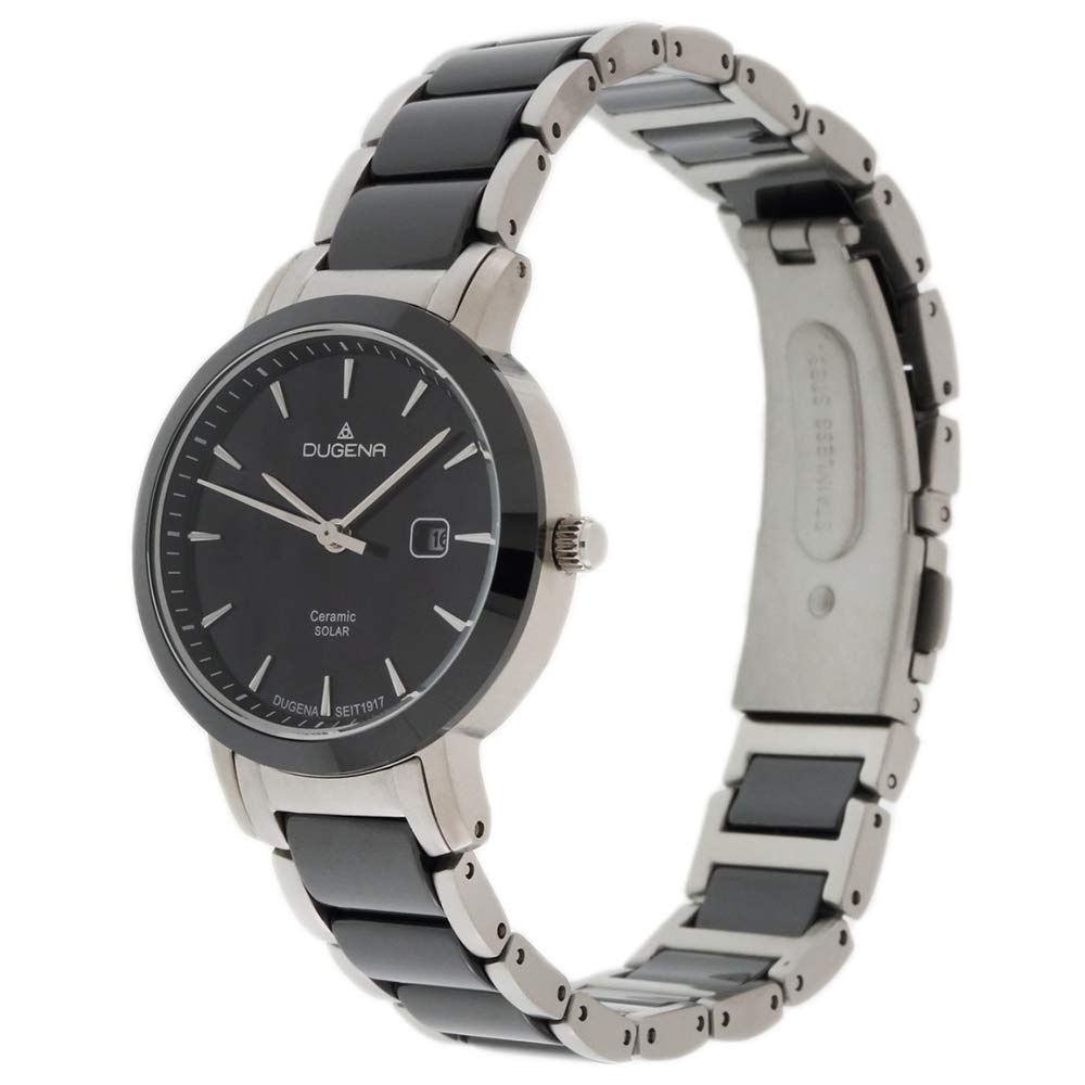 Dugena Damen-Armbanduhr 4461007 Ceramic Solar, Quarz, Solarbetrieb, schwarzes Zifferblatt, Keramik-Edelstahlgehäuse, Mineralglas, Keramik-Edelstahlarmband, Drückerfaltschließe, 5 bar