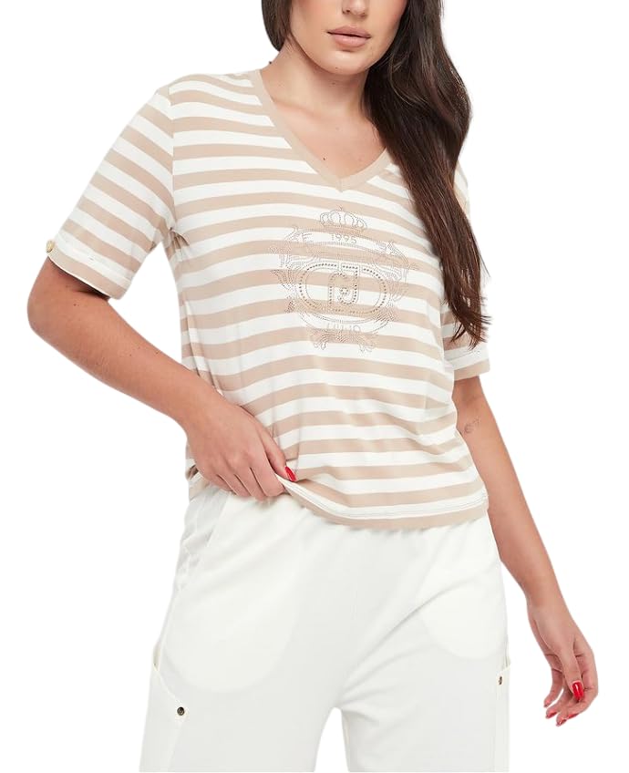 T-Shirt Femme Liu Jo Col en V en Coton TA6206 Noir Coupe Confortable
