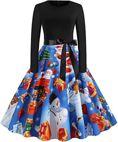 ORANDESIGNE Damen Weihnachten Kleider Langarm Weihnachtskleid Vintage Cocktailkleid Weihnachten Druck Partykleid A-Linie Swing Kleid Dress C Blau XS