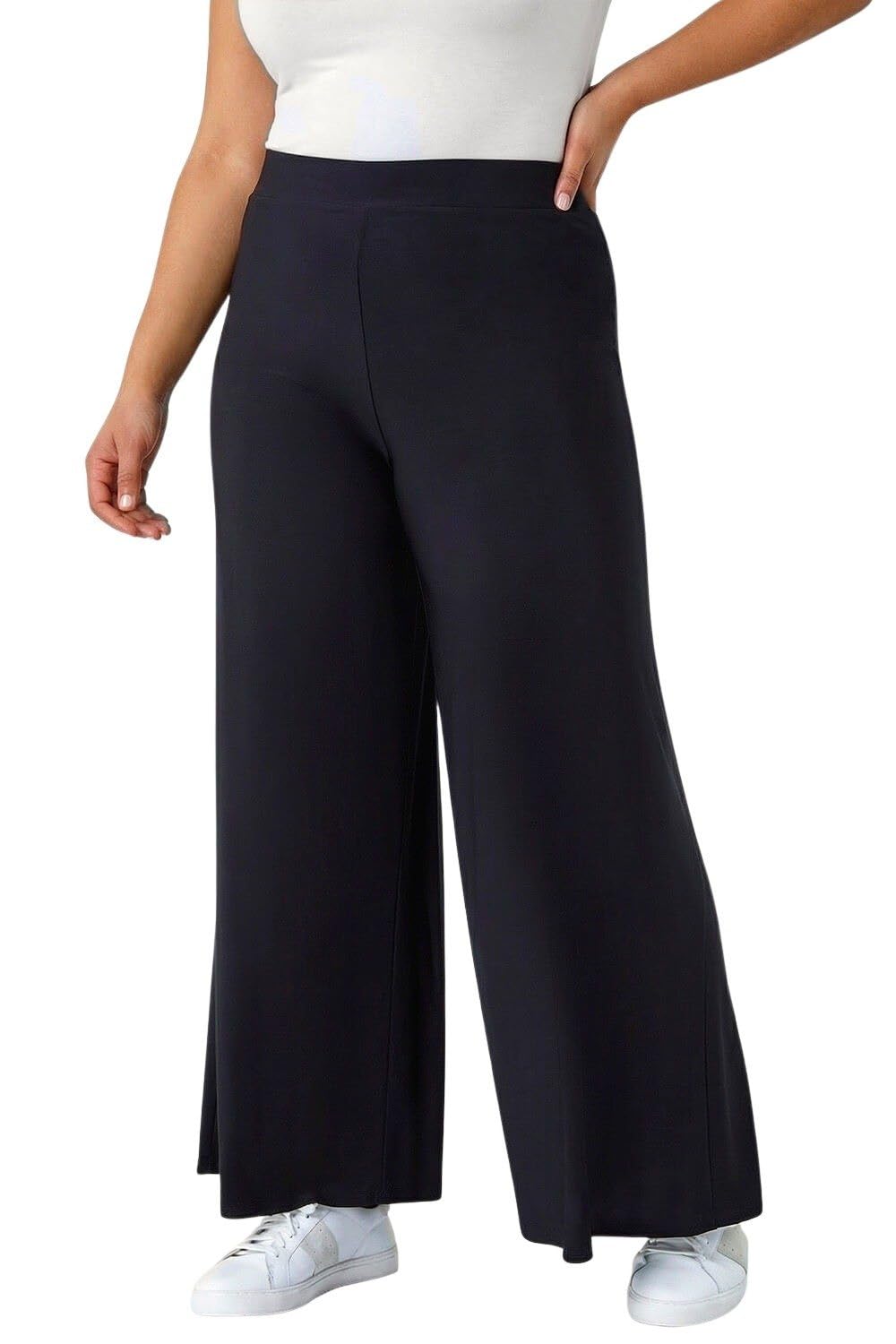 Roman Curve Women Wide Leg Trousers - Ladies Spring Everyday Summer Evening Vacation Work Holiday Smart Casual - Plus Black - Size 2224